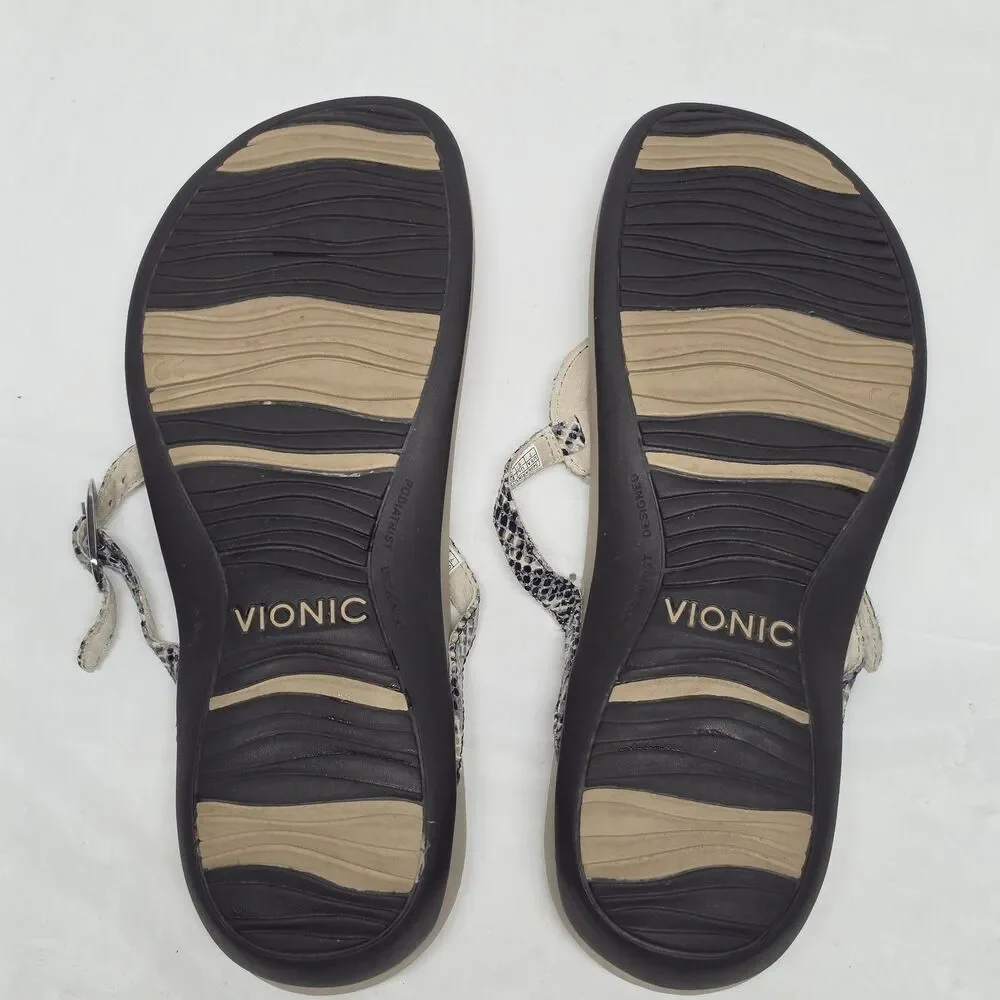 Vionic Karina Women's Thong Sandals Gray Snake Embossed Leather Ring Buckle 7